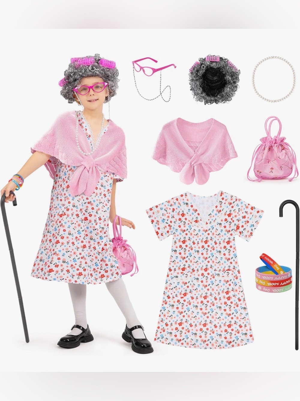 Kids Girl 100 Days of School Costume, Old Lady 5-7age.,Halloween Cosplay Dressup
